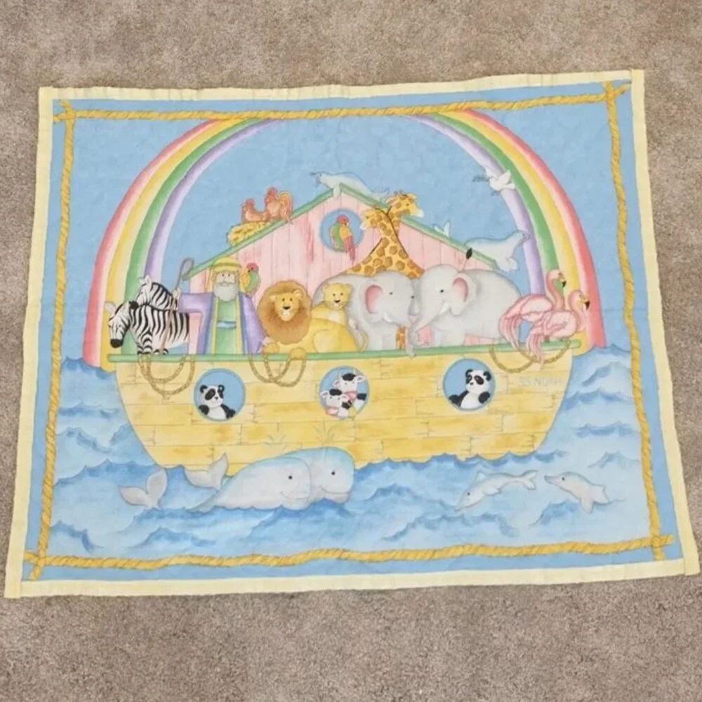 Vintage Handmade Quilted Baby Blanket Noah's Ark with Animals and Rainbow 34x42